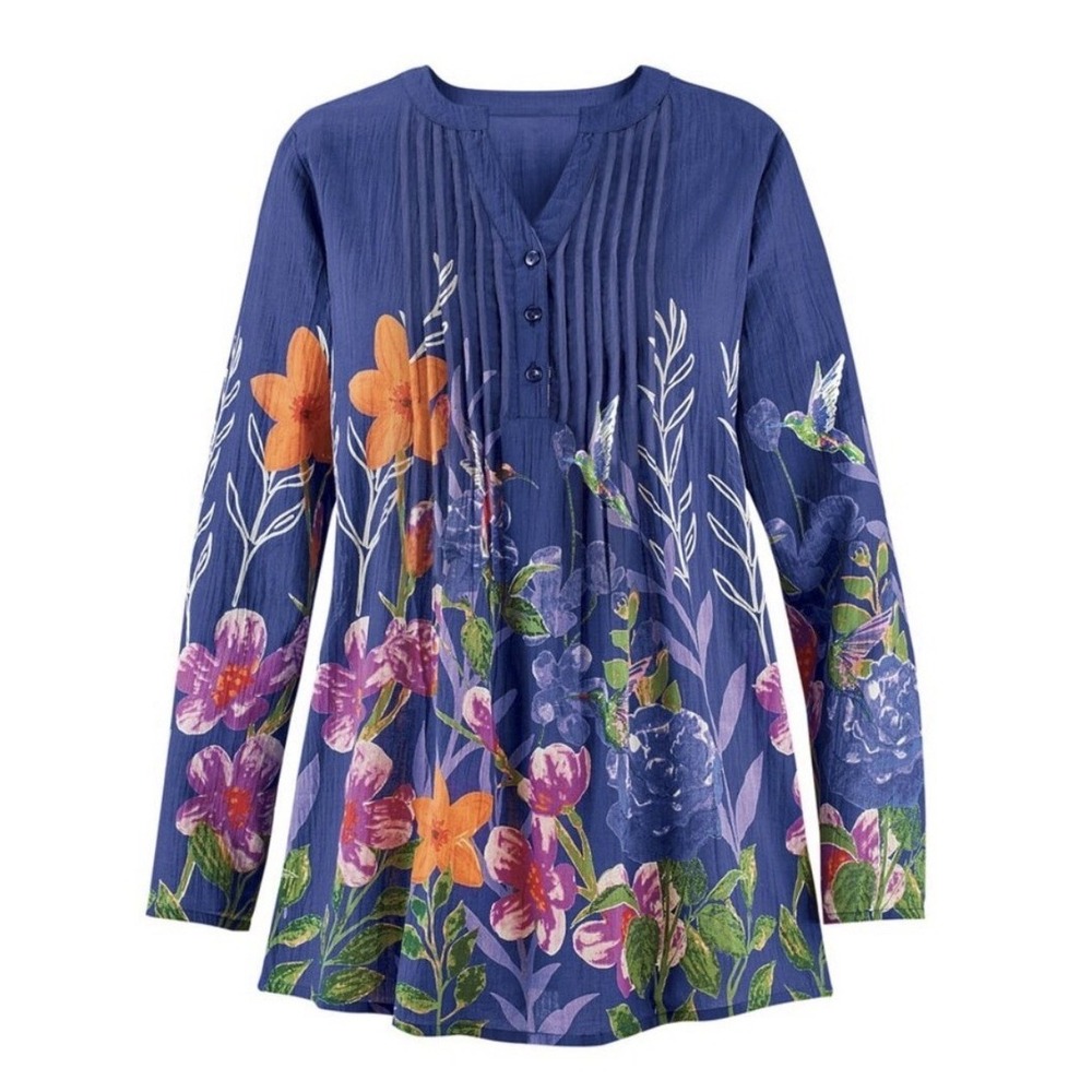 Collections Etc. Women's Blue Floral Hummingbird Pintuck Tunic 100% Cotton Sz XL